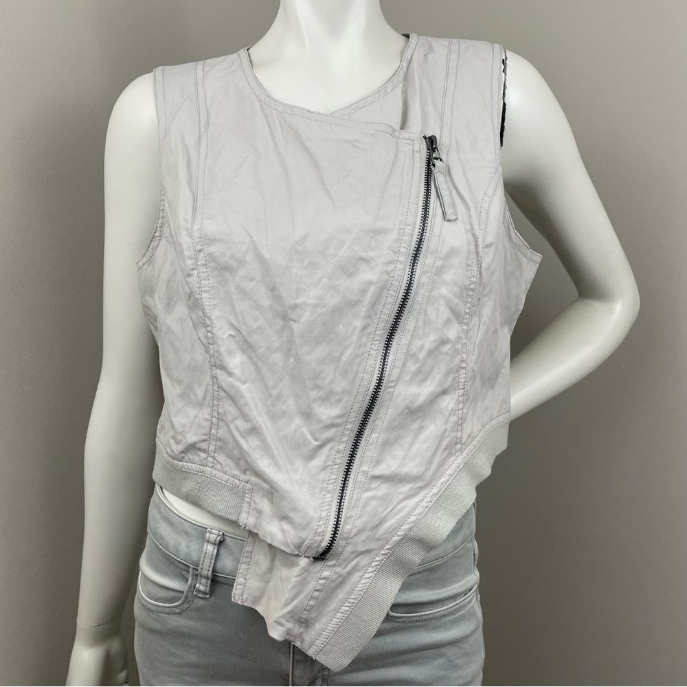 STELLA CARAKASI Stone Gray Asymmetrical Zip Up Cropped Vest Cotton Nylon Vest